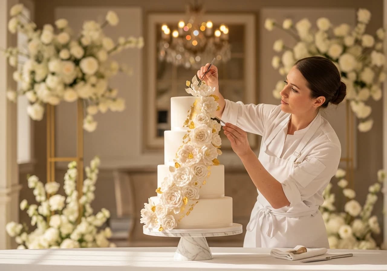 Bolo de casamento multi-andares com trabalho floral em açúcar